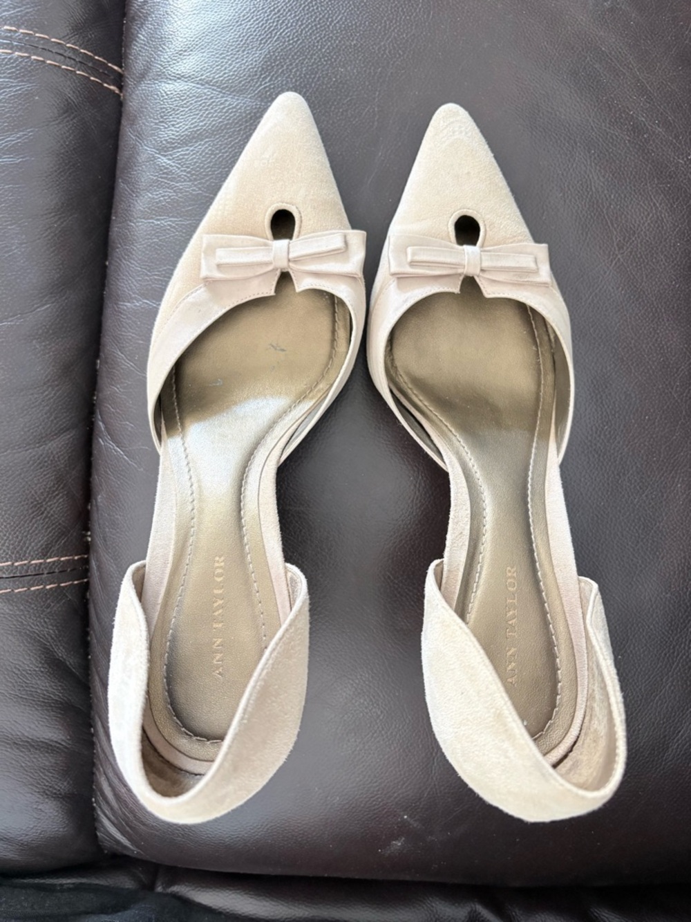 Ann Taylor Pointed-Toe D'Orsay Flats in Light Beige Suede with Bow